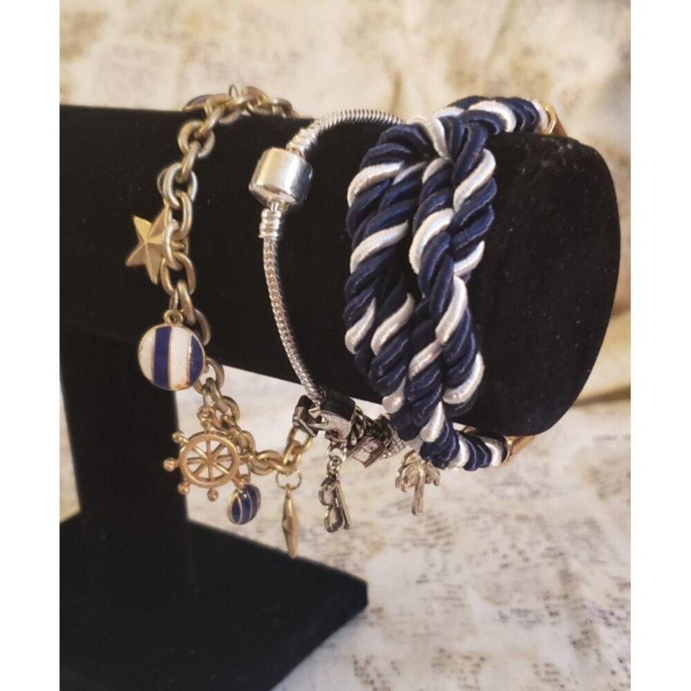 Summer, Nautical, Vacation 3 Bracelets Navy Blue and White, Gold and Silver Tone